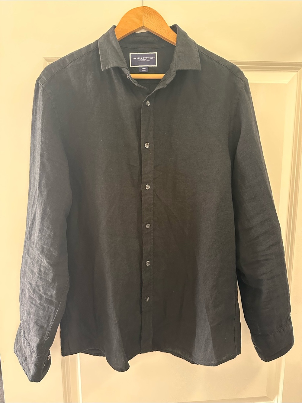 Charles Tyrwhitt 100% Linen Shirt Black Slim Fit Long Sleeve Button Up